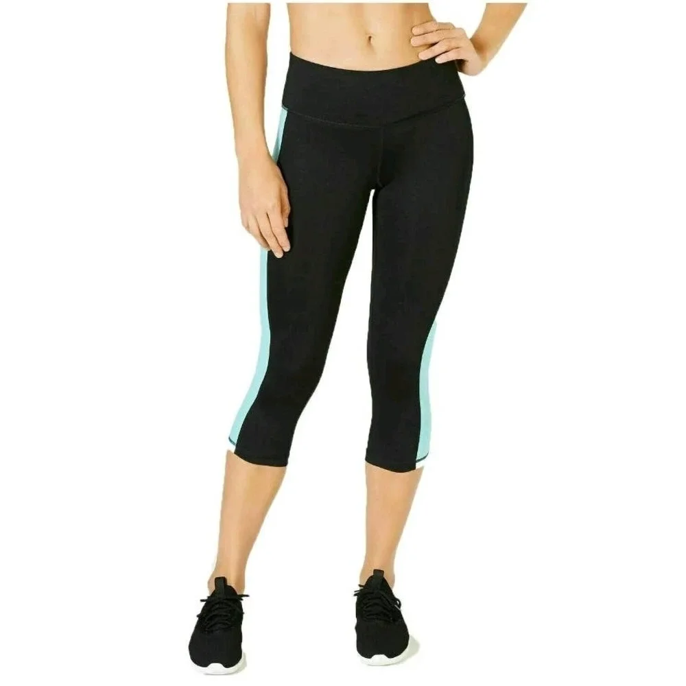 Ideology Womens Mid Rise Cropped Leggings Black Aqua Medium